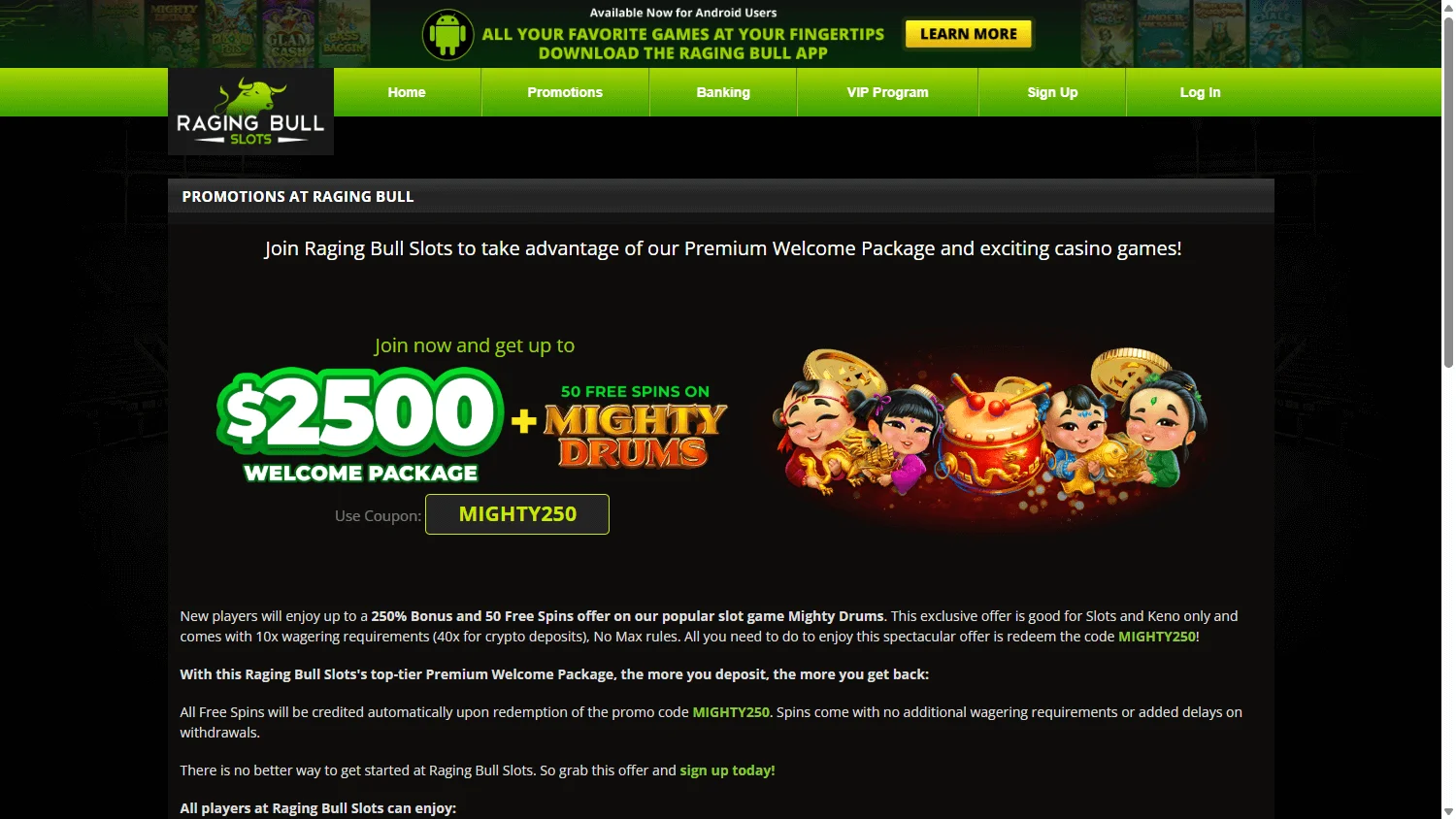Raging Bull Casino desktop promotions view