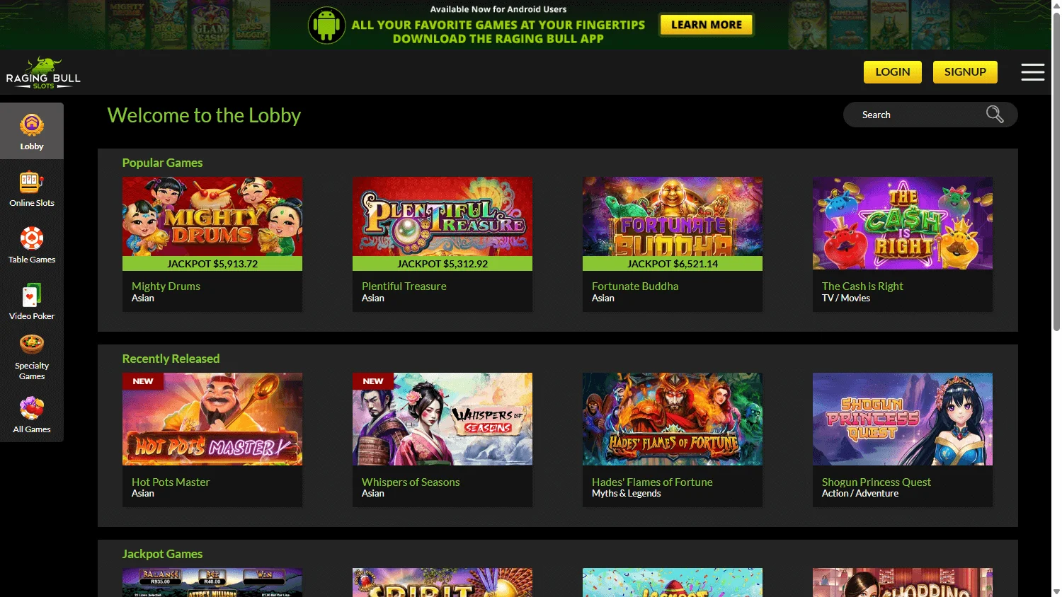 Raging Bull Casino desktop RTG game selection