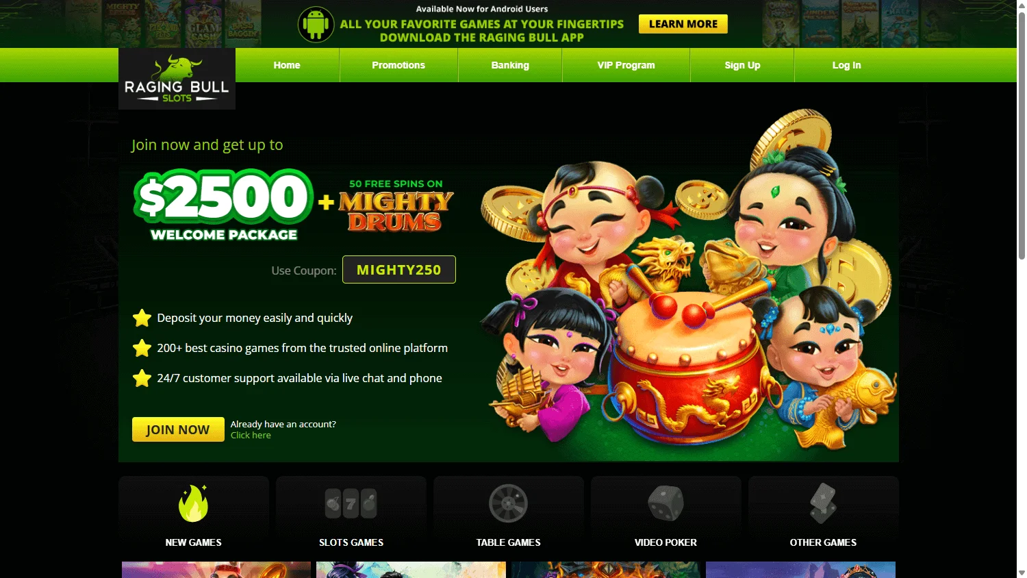 Raging Bull Casino desktop view of RTG games