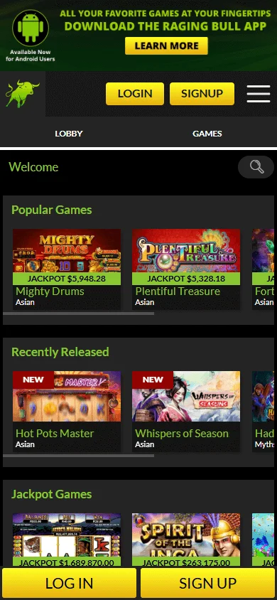 Raging Bull Casino mobile RTG game selection
